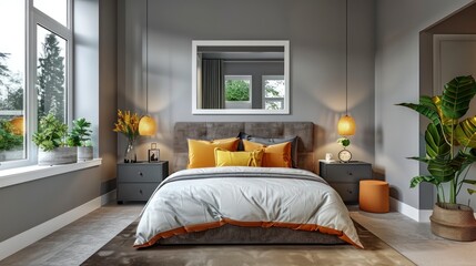 A Chic Guest Bedroom Featuring Soft Grey Walls Complemented by Bold Orange Pillows