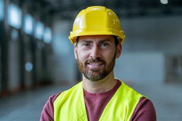 Smiling, attractive, bearded man wearing yellow hard hat looking at camera. Professional worker