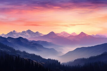Fototapeta premium Mountain range at sunset background, A serene mountain range at sunset with hues of pink, illustration of a mountain range silhouetted against a breathtaking sunset sky, Ai generated