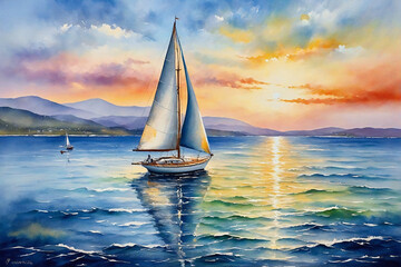 Capturing the serenity of the sea, a stunning painting of a sailboat on canvas - obrazy, fototapety, plakaty