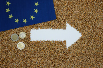 Mockup Right Arrow. Grain background. European Union flag.European Union Currency.