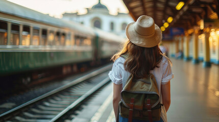 Woman in a hat with a backpack standing on a train station and waiting for a train
