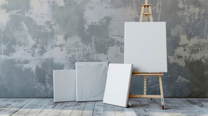 A single blank canvas positioned against a textured grey wall, showcasing the start of a creative process
