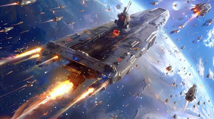 The chaos of intergalactic warfare with a dramatic scene of spaceships engaged in a fierce battle among the stars