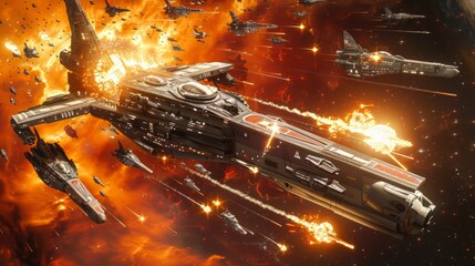 The chaos of intergalactic warfare with a dramatic scene of spaceships engaged in a fierce battle among the stars