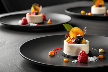 Modern dessert tasting menu presentation, where avant-garde creations combine unexpected textures and flavors