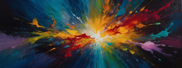 Luminous oil paint abstract, each stroke a burst of energy, on a canvas alive with vibrant hues and textures.