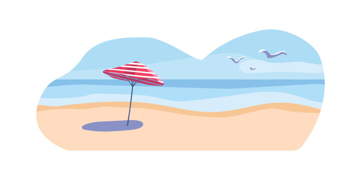 Summer background. Seashore with a striped red umbrella and shadow on the sand. Seagulls in the blue sky with clouds. Background. Template for poster, web page, text or banner. Vector illustration