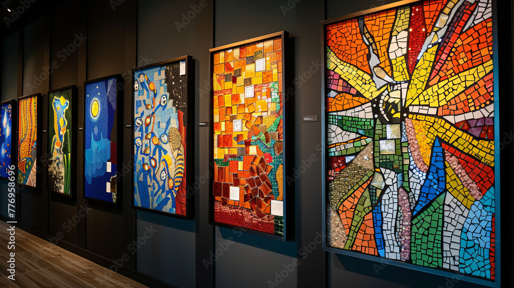 Poster a series of colorful and intricate mosaic art pieces hung on a gallery wall, offering a visual feast