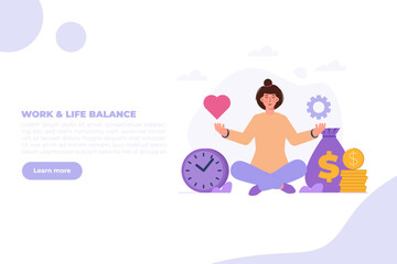Work life balance, Businesswoman Meditation concept. Flat Vector illustrations set for banner, website, landing page, flyer.