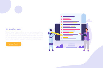 Coding bot, chat bot developed concept. Vector illustrations for banner, website, landing page, flyer.