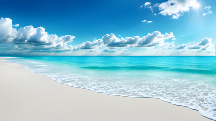 Fototapeta premium The beach scenery under the blue sky and white clouds, with blue oceans and yellow beaches