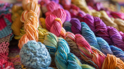 Close-up of colorful and textured yarns arranged neatly, highlighting the variations in thickness and hues