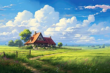 Farmhouse illustration ,A picturesque countryside with fields and a farmhouse, AI generated