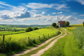 Obraz premium Farmhouse illustration ,A picturesque countryside with fields and a farmhouse, AI generated