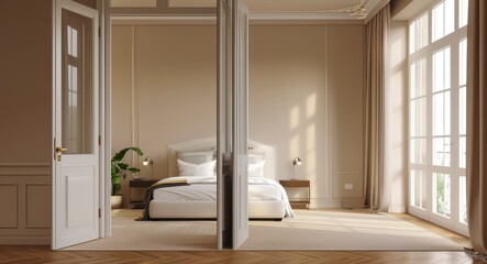 An Exquisite 3D Rendering of a Master Bedroom, Marrying Modern Elegance with Classic Design, Framed by a Folding Door