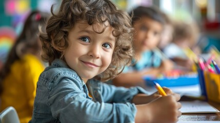 Curly-haired young boy gives a sweet smile as he enjoys coloring with crayons in a bright, busy classroom.