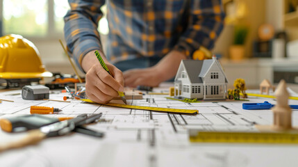 Fototapeta premium Architect working on blueprint at office desk, closeup. Construction concept. AI.