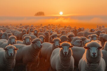 flock of sheep in sunset