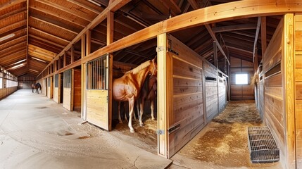 The Expansive and Well-Appointed Interiors of a Large Horse Farm Stable, Where Champions Rest