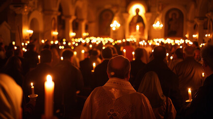 Rear view of a man prays with lit candles in the church. AI. - obrazy, fototapety, plakaty