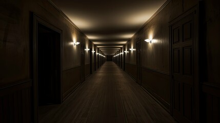 illuminated long dark hallway - obrazy, fototapety, plakaty