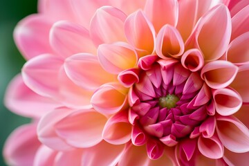 A vivid macro photo of a dahlia with gradient pink petals radiating from a deep magenta heart against a soft green background