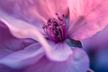 A macro photo captures the delicate dewdrops on the vibrant pink stamens of a purple flower, accentuating its soft petals - Powered by Adobe