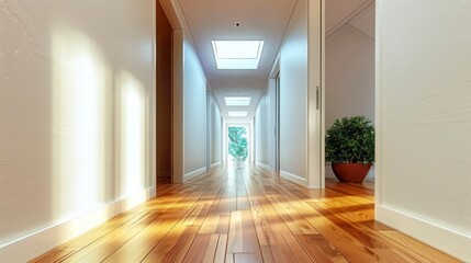 The Graceful Corridor of an Empty House, Featuring Hardwood Floors and Skylights for Natural Illumination