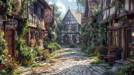 Fototapeta na wymiar Medieval Village: Capture quaint medieval village streets, timber-framed houses, and cobblestone pathways to depict rural life
