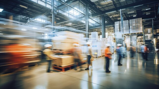 workers blurred interior warehouse