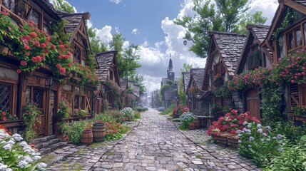 Medieval Village: Capture quaint medieval village streets, timber-framed houses, and cobblestone pathways to depict rural life