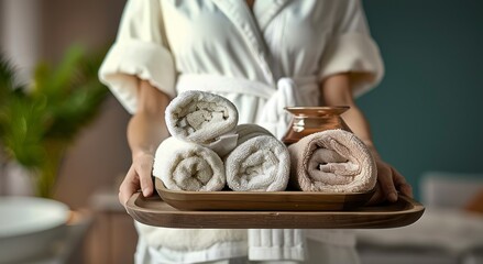 A Woman Grasps a Wooden Tray, Setting the Stage for Spa and Wellness with Elegantly Folded Towels
