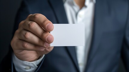 Close up hand of Businessman holding blank white card in studio