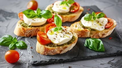 A Rustic Bruschetta Creation Featuring Mozzarella Cheese, Pesto, Tomatoes, and Basil, Beautifully Contrasted on Gray Texture