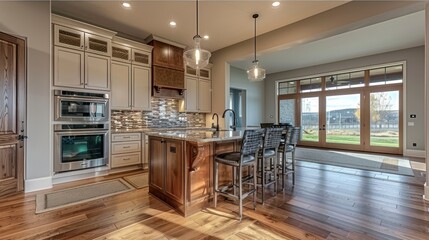 A Warm and Lovely Kitchen Featuring a Convenient Bar Island and Lustrous Hardwood Flooring