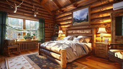 A Warm and Inviting Log Cabin Bedroom, Enveloped in Rich Wood Design