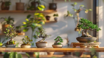 Fotobehang A stylish home setting showcasing an array of decorative bonsai trees, symbolizing harmony and attention to detail © road to millionaire