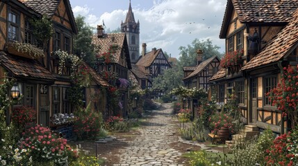 Medieval Village: Capture quaint medieval village streets, timber-framed houses, and cobblestone pathways to depict rural life - obrazy, fototapety, plakaty