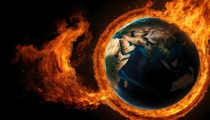 Earth in fire on black background, global warming and climate change concept - obrazy, fototapety, plakaty