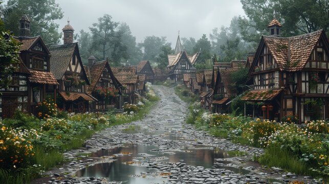 Medieval Village: Capture quaint medieval village streets, timber-framed houses, and cobblestone pathways to depict rural life