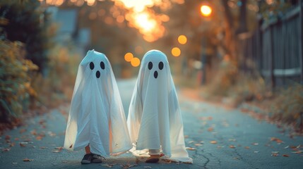 Children in Ghost Costumes Roam a Suburban Street, Bringing Halloween to Life in the Twilight