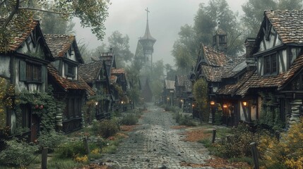 Medieval Village: Capture quaint medieval village streets, timber-framed houses, and cobblestone pathways to depict rural life - obrazy, fototapety, plakaty