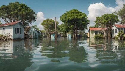 Obraz premium Flooded urban neighborhood with houses half submerged and mangroves flourishing in the streets, the effects of climate change, a future without humans