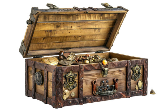 Old wooden Treasure Chest with golden and coin inside isolated on background, old wooden box for fantasy adventure.
