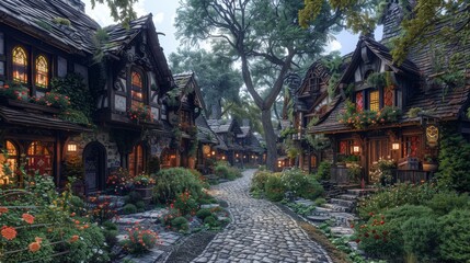 Obraz premium Medieval Village: Capture quaint medieval village streets, timber-framed houses, and cobblestone pathways to depict rural life
