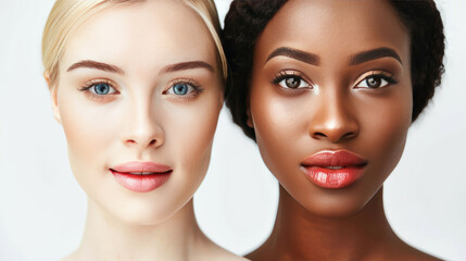 Two girls with differences Beautiful, natural makeup Show off smooth, radiant facial skin. skin care concept.