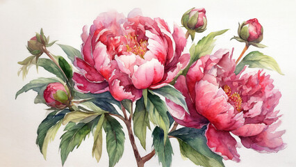 Watercolor drawing of a peony branch with lush buds in various shades of red pink on a white background