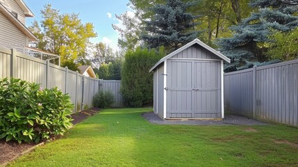 Fototapeta na wymiar Nestled Within a Fenced Yard, a Small Grey Shed Serves as a Picturesque Garden Outpost
