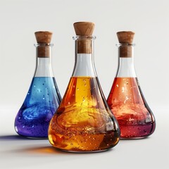 Three glass beakers filled with various colored liquids displayed on a white background